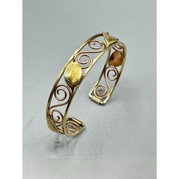 Vintage Signed KREMENTZ Art Deco Design Leaf Swirls Rolled Gold Cuff Bracelet - Picture 2 of 7